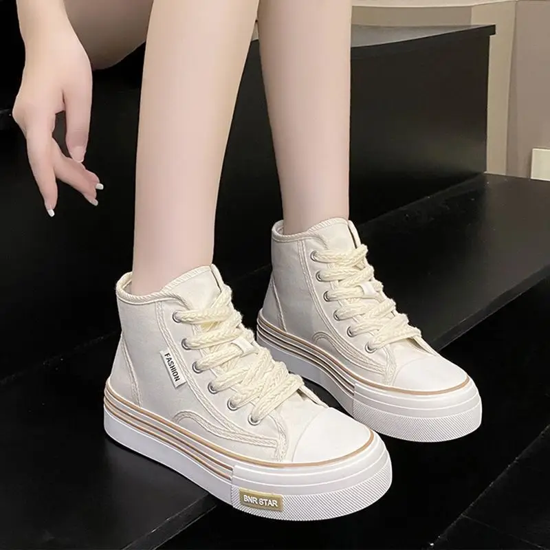 

Female Casual Canvas Black Sneakers Woman High Cut Platform Espadrilles Girls School Tenis Shoes Breathable Vlucanized Sneaker