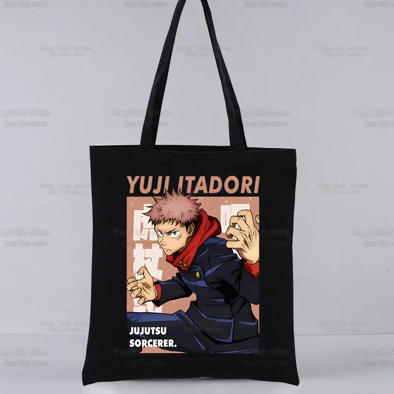 Jujutsu Kaimmense Gojo Satoru Room Anime Black Initiated Canvas Bags, Grand sac à main imprimés Harajuku pour femme, sac à provisions