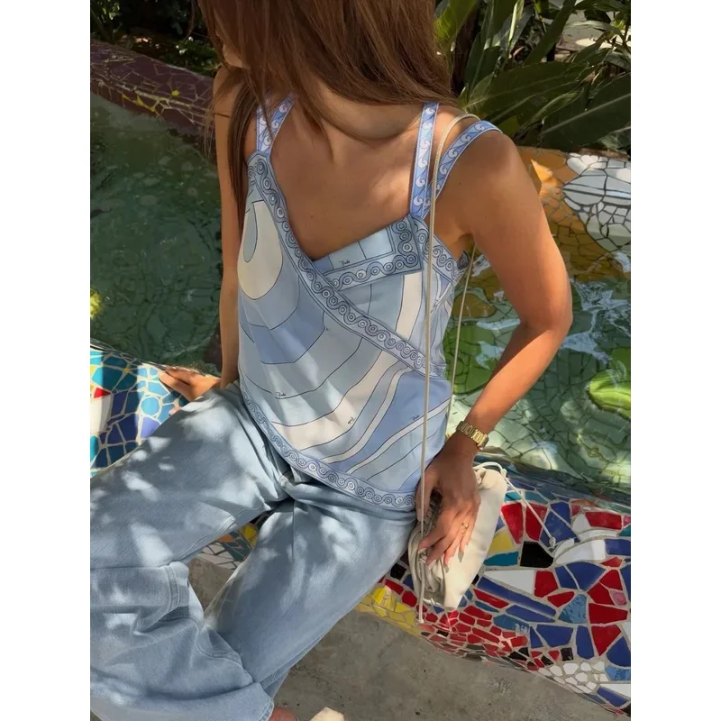 Women Light Blue Geometric Pattern Irregular Hem Sexy Suspender  Silk Top
