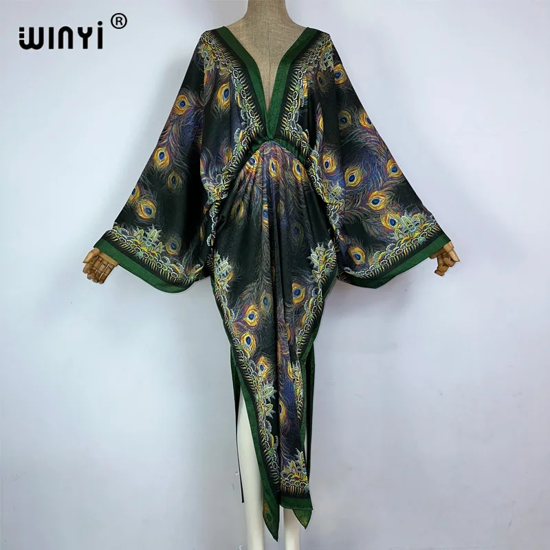 WINYI Bohemian Summer Beach Dress High Quality Double Sided Boho Printing Elegant silk maxi dress Women Evening party kaftan