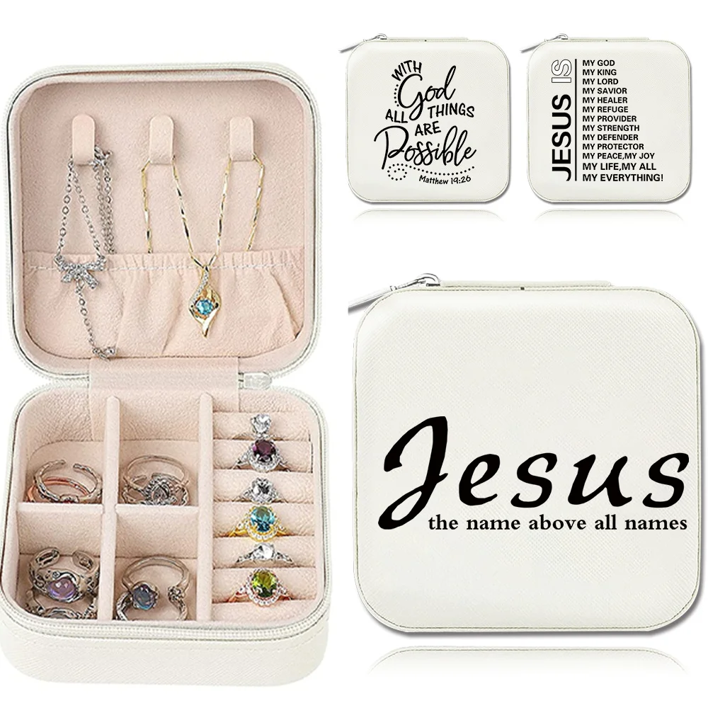 

Jewelry Box Desktop Drawer Necklace Ring Holder PU Leather Waterproof Organizer Case Jesus Printing Portable Jewel Boxes