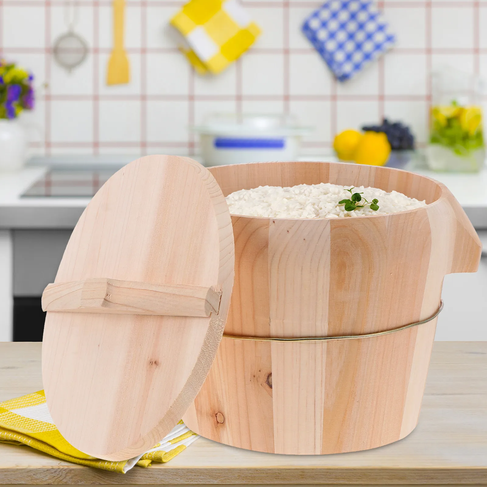 1Set Natural Wooden Rice Steamed Bucket Premium Hand Polished Smooth Surface Anti Scald Handle Movable Bottom Even Cooking