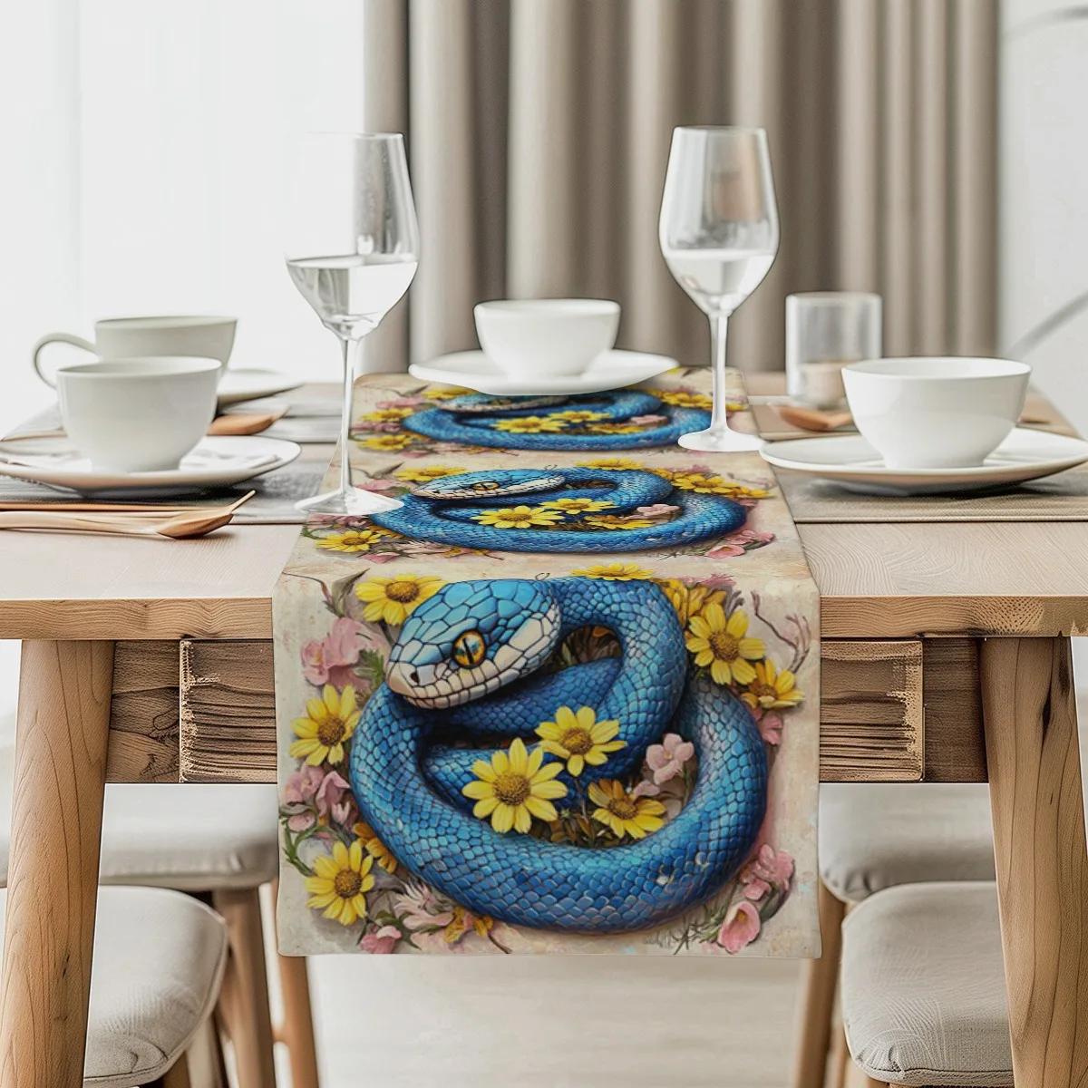 

decoration table runner Blue Snake with Yellow Daisy Floral Bohemian Style Long cloth for home, kitchen,outdoors,garden,restaura