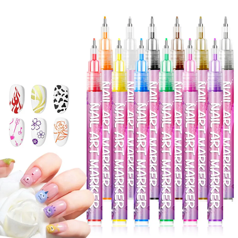 

12pcs Nail Markers,Nail Art Graffitis Painting Pen Quick Dry Nail Art Pen Set Acrylic Marker Pen Art With 0.5mm Tip DIY Nail Art