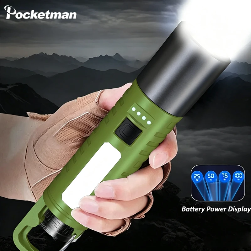 Rechargeable Zoom LED Flashlight Tactical Torch with COB Side Light Type-C Fast Charging Power Indicator for Camping Emergency