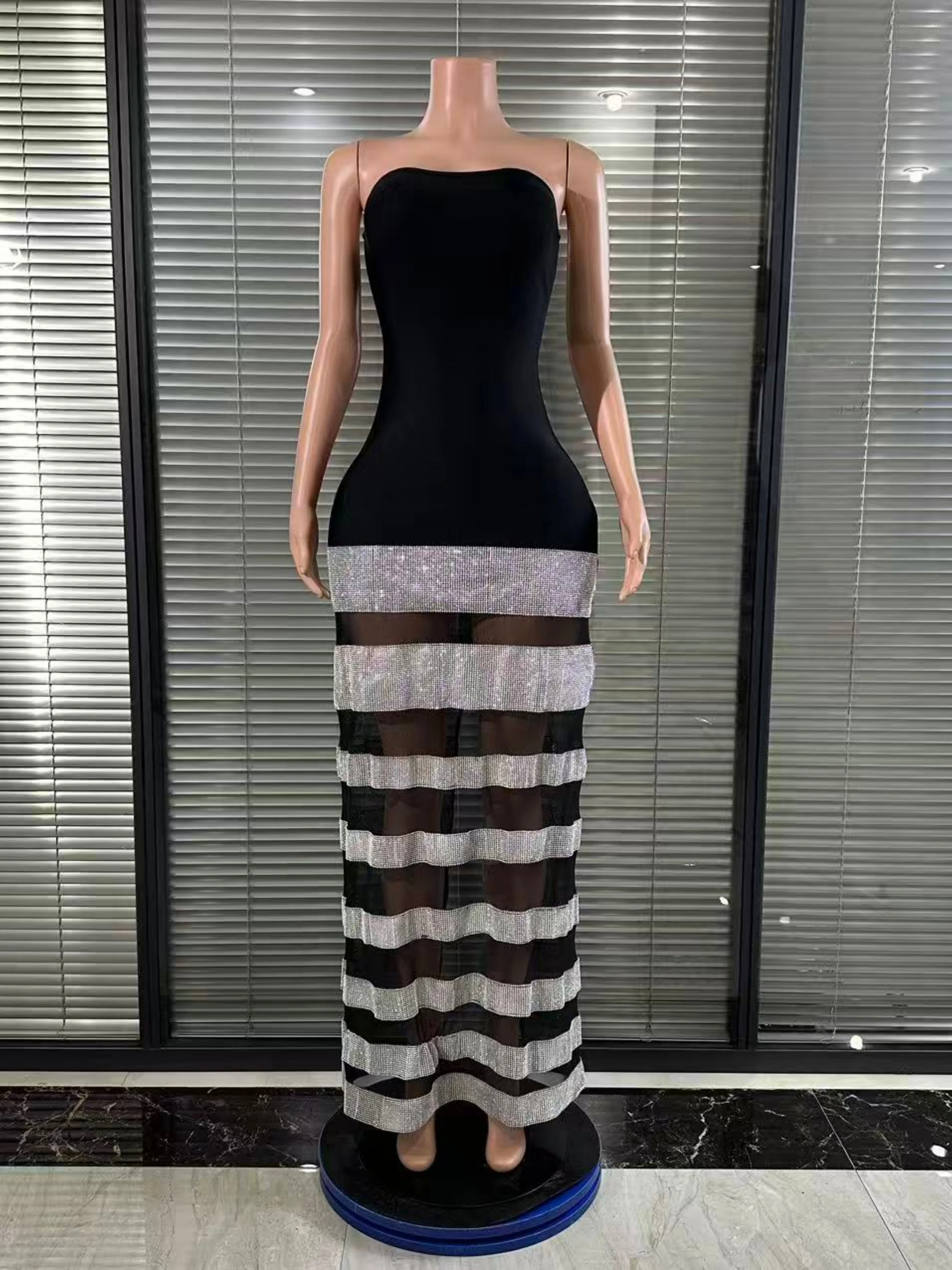 Elegant Refined Sexy Mesh Strapless Bodycon Long Bandage Dresses Women Club Cocktail Party Birthday Evening Party