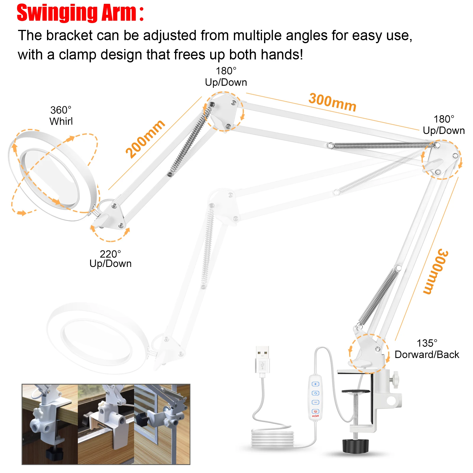 5X Magnifier with USB 3 Color LED Light Long Adjustable Swinging Arm Magnifying Lamp for Reading Workbench Table Lights