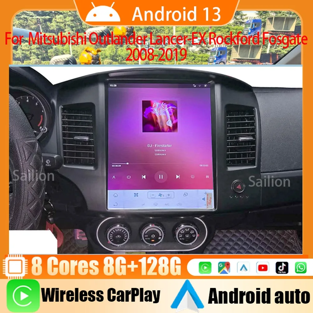 Android 13 Car Radio For Mitsubishi Outlander Lancer-EX Rockford Fosgate 2008-2019 Multimedia Player BT Carplay 4G Built-in 360