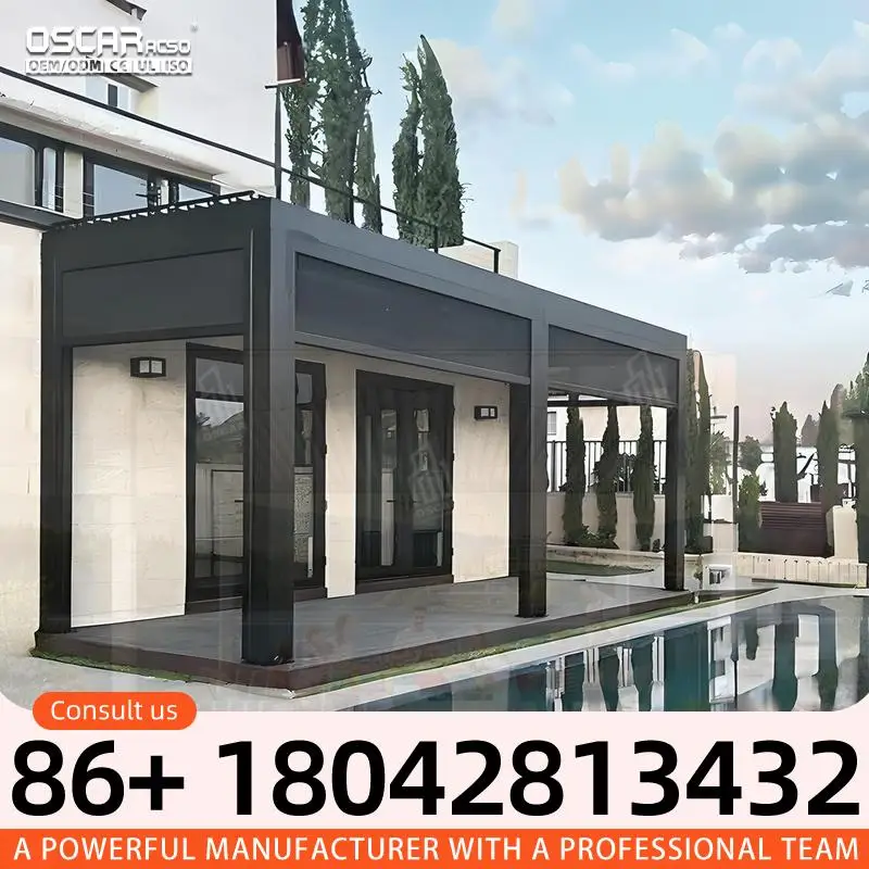 Waterproof Aluminium Outdoor Pergola Sun Shade Shelter With Sliding Glass Panel Europe Backyard Garden Patio Villa Poolside Retr