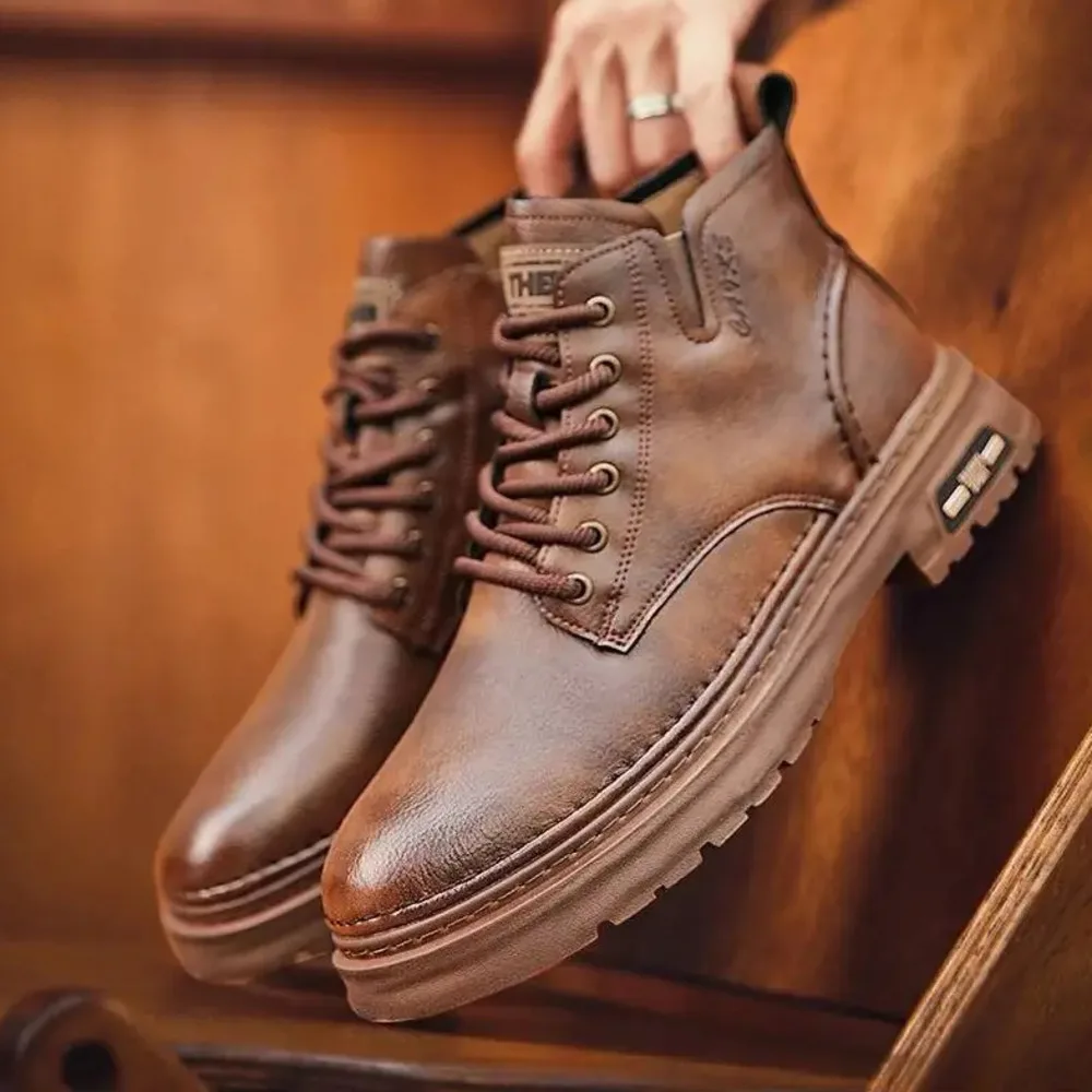 2026 New Winter Leather Boots For Men High Top Warm Thermal Fur Lined Casual Lace-up Work Safety Boots Comfortable Durable