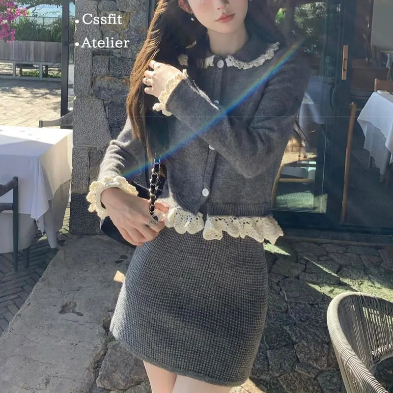 

Sweet Vintage Solid Color Knitted Matching Sets Female Autumn Winter Two Piece Set Hook Flower Hollow Stylish Mini Dress Sets