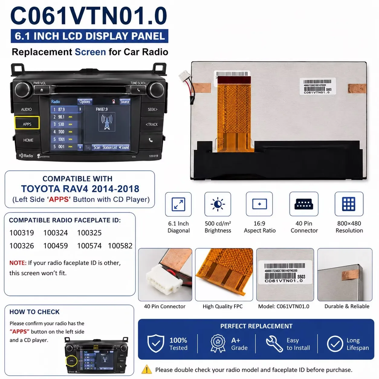 New C061VTN01.0 TFT-LCD Display Screen for 2014-2018 Toyota RAV4 Auto  Central info Radio Navigation GPS (APPS)