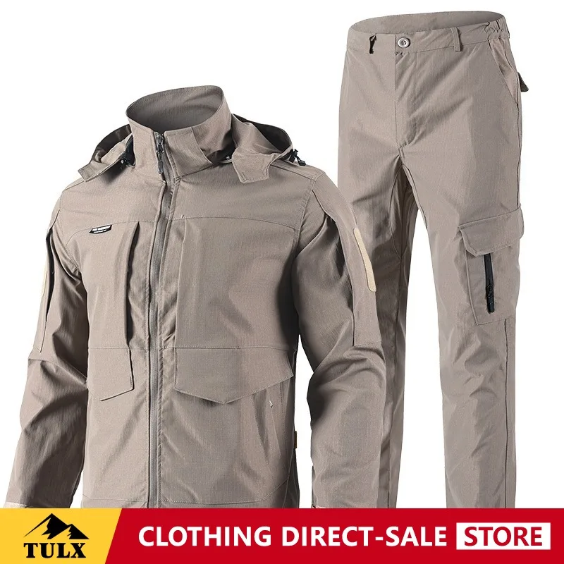 Spring Autumn Outdoor Tactical Camouflage Clothing Set Men Ventilate Detachable Hat Mountaineering Work Training Clothes Set