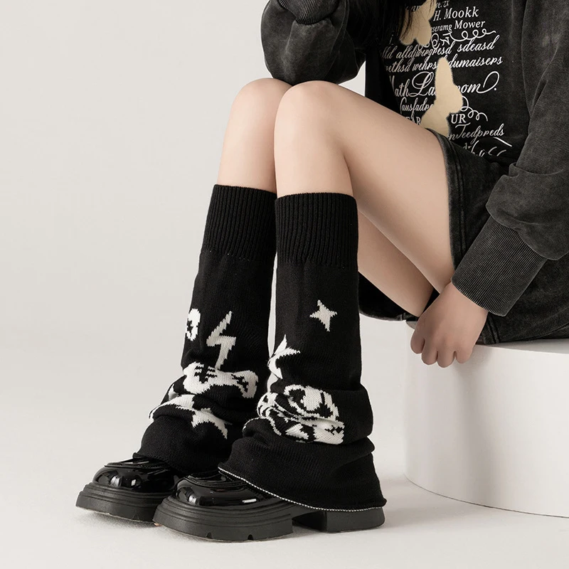 Little Devil Star Black Socks Women's Autumn and Winter Stacking Socks Knitted Leg Cover y2k Spicy Girl Wide Leg Horn Leg Cover