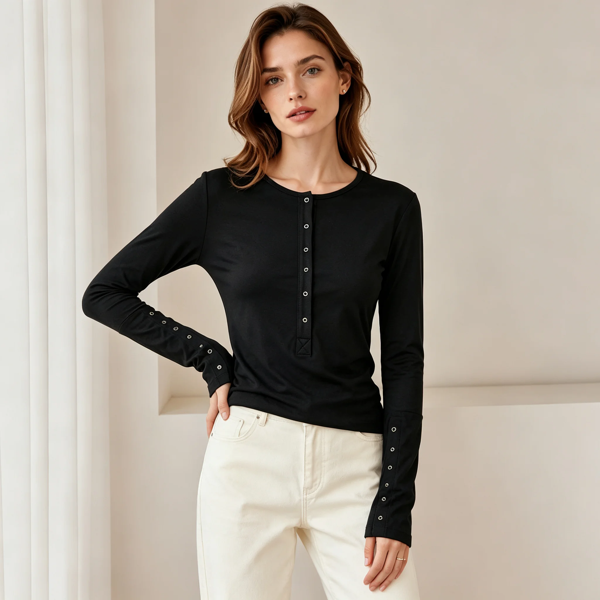 RU Slim Stretchy Women Knit Henley Top Half Button Front Split Button Cuff Basic Undershirt For Autumn Winter Daily Look