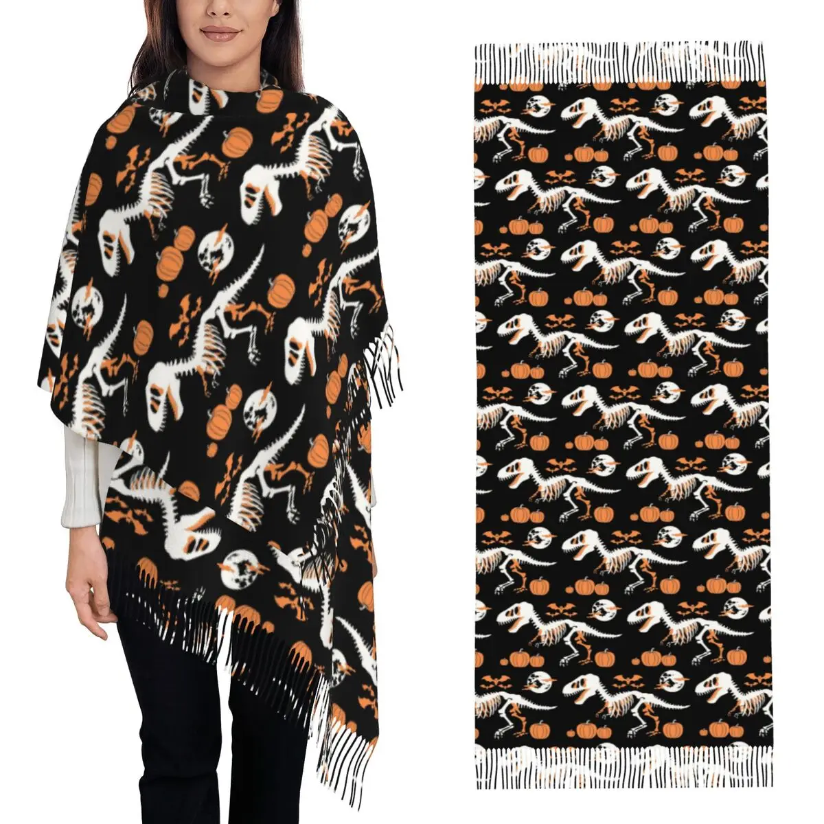 T-rex Skeleton Halloween Dinosaur Fossils Scarf Tassel Scarves for Women Soft Warm Shawls and Wraps Long Fall Winter Shawl Wrap