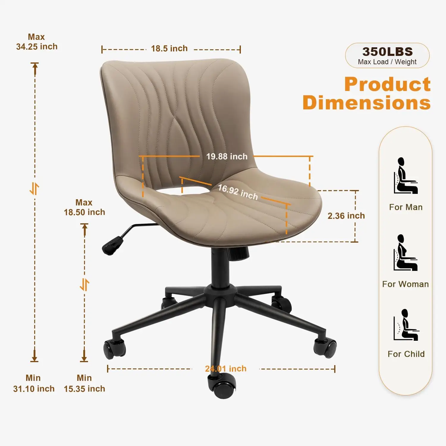 كرسي مكتب، كرسي مهام دوار مريح قابل للتعديل مع عجلات، مبطن بالجلد الصناعي، كاكي #2