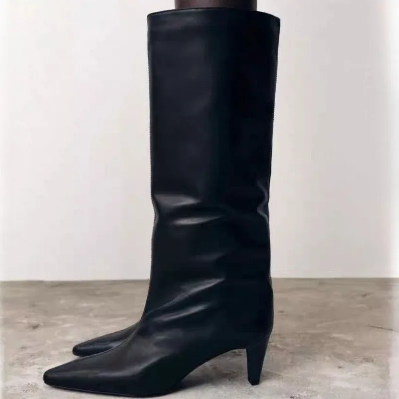

Black Leather Pointed Toe Women High Boots Mid Heels Modern Slimming Design Stylish Autumn Footwear Brand Pleated Female Shoes