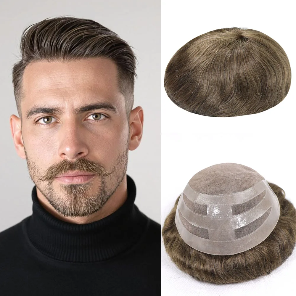 Toupee For Man Mono With PU Around Base Hair Piece Breathable And Durable Hair Replacement System Straight Brown Natural Looking Hairline Mala Hair Unit 6 Inch