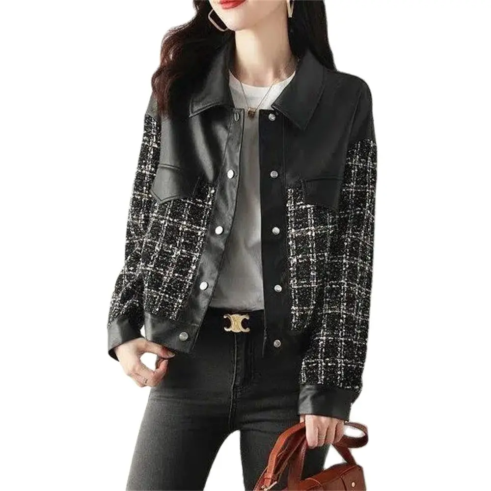 Female Stitching Pu Leather Jacket Motorcycle Coat Autumn Women Spring Tops Single-Breasted Lapel Outerwear