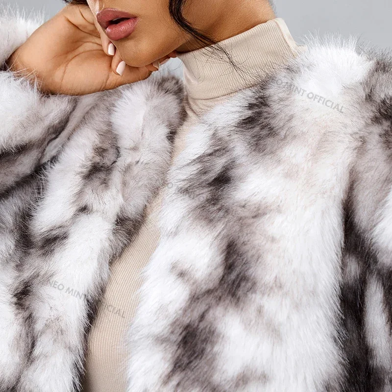 Casaco Neo Mint Faux Fox Fur para mulheres, jaqueta peludo curto, sobretudo para meninas, casaco peludo, streetwear quente, marca de moda, inverno, 2024