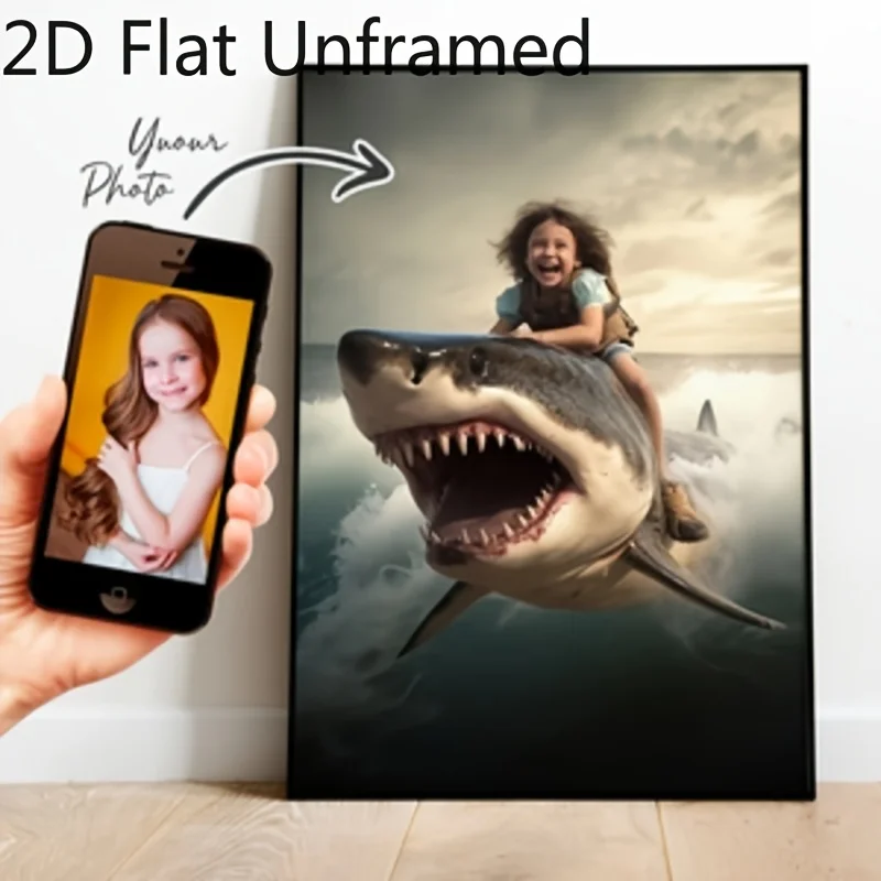 Custom Kid Riding Shark Portrait Canvas, Upload Your Photo Personalized Ocean Fantasy Poster, Unframed Wall Art Gift For Girls