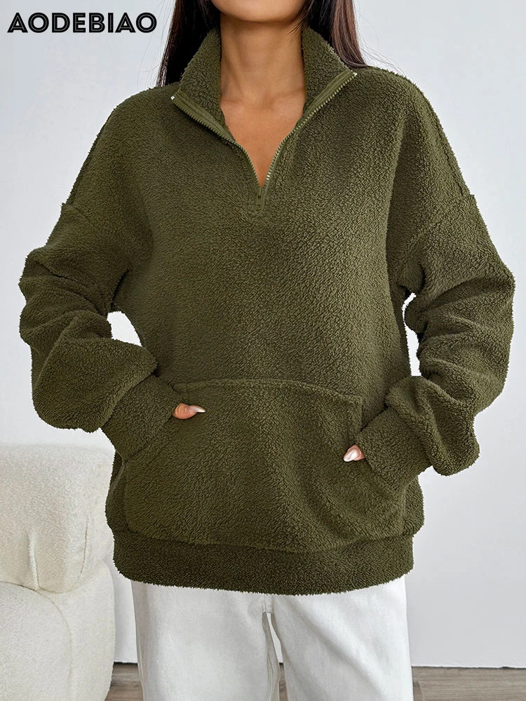 AODEBIAO Women Hairy Hoodie Coat Autumn Winter Long Sleeves Fashion Loose Coat Top Casual Streetwear Keep Warm Solid Long Hoodie