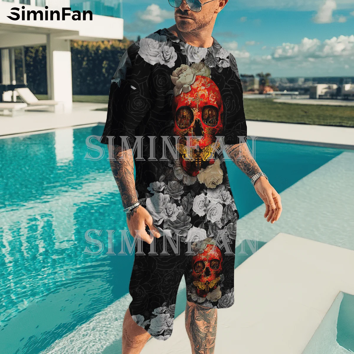 

Rose Skull Tattoo 3D Printed Men T-Shirt Beach Short Sets Summer Male Suit Tracksuit Two-Piece Sportswear Casual Black Tee Top 2
