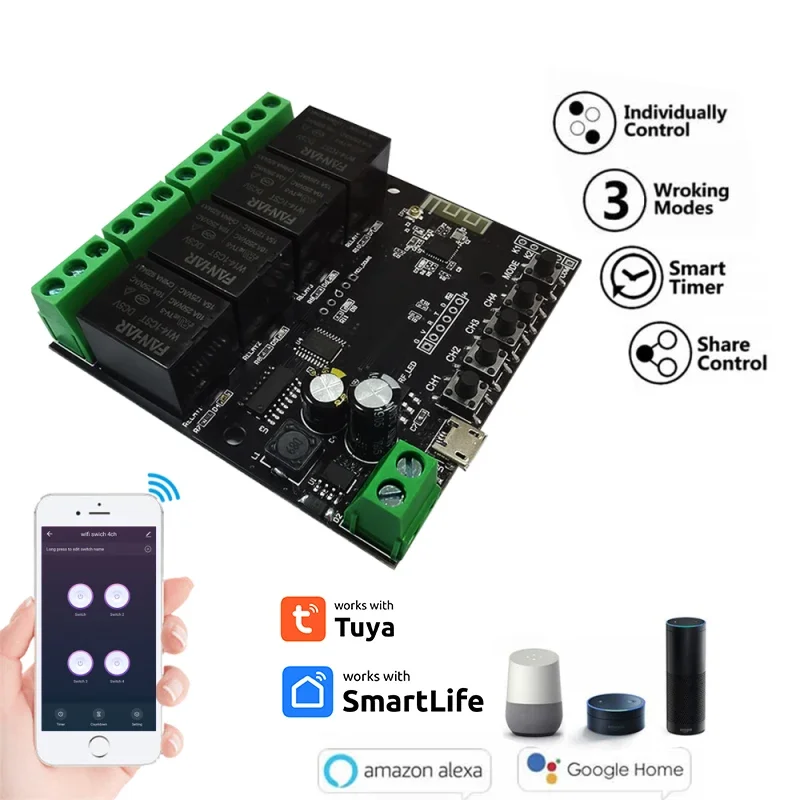 

WiFi Relay Tuya Smart Switch Module 12V Smart life APP Remote Control Timer DIY Inching Self-Locking Work with Alexa Google Home