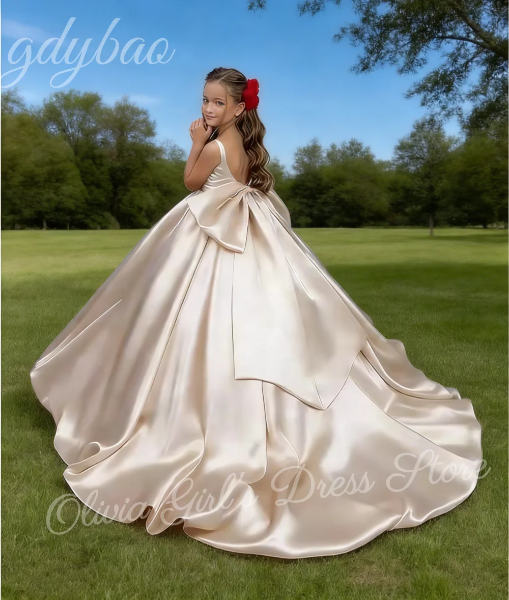 

Custom Satin Wedding Flower Girl Dress Backless Strap Communion Birthday Dress Bow Ruffle Party Dress