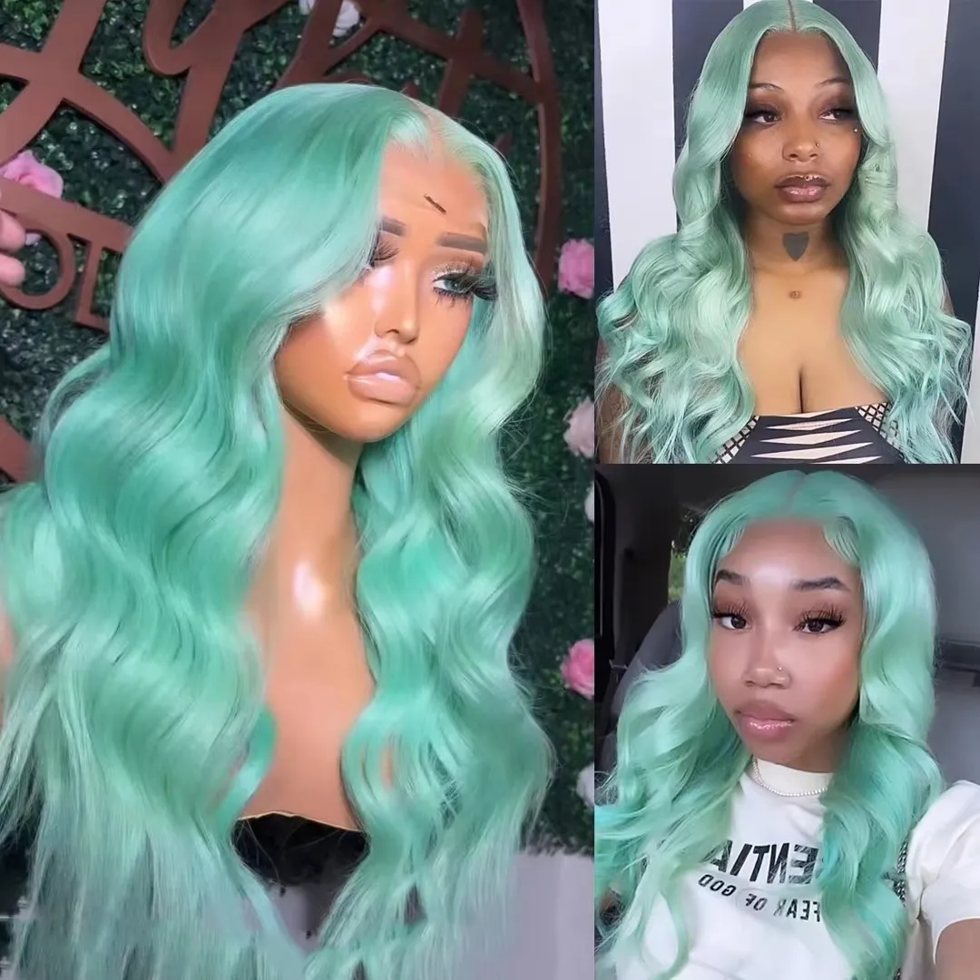 QW Synthetic Hair Lace Front Wig For Women  Mint Green  Body Wave Preplucked Glueless  Heat Temperature Daily Cosplay