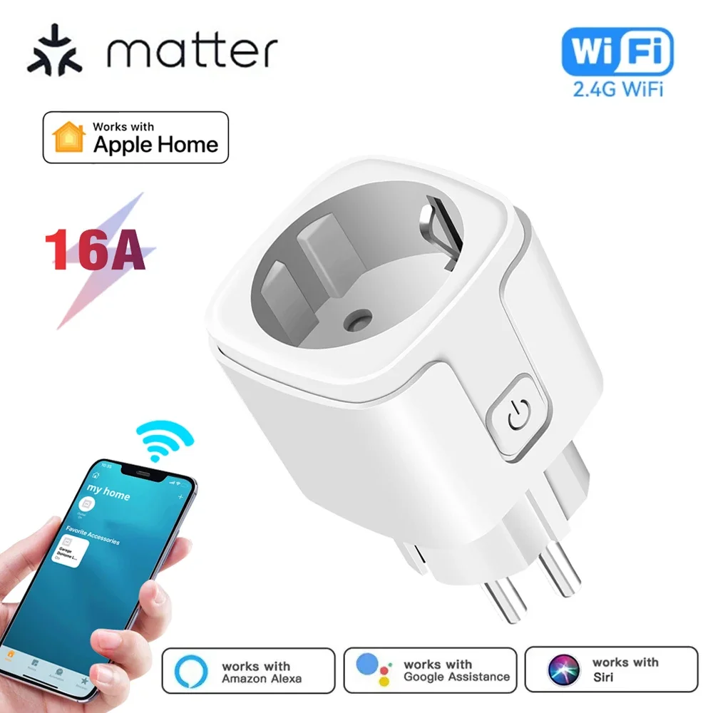 Matter Wifi Smart Socket 16A EU Plug Power Adapter Home Appliance Outlet Works with Homekit Siri SmartThings Alexa Google Home