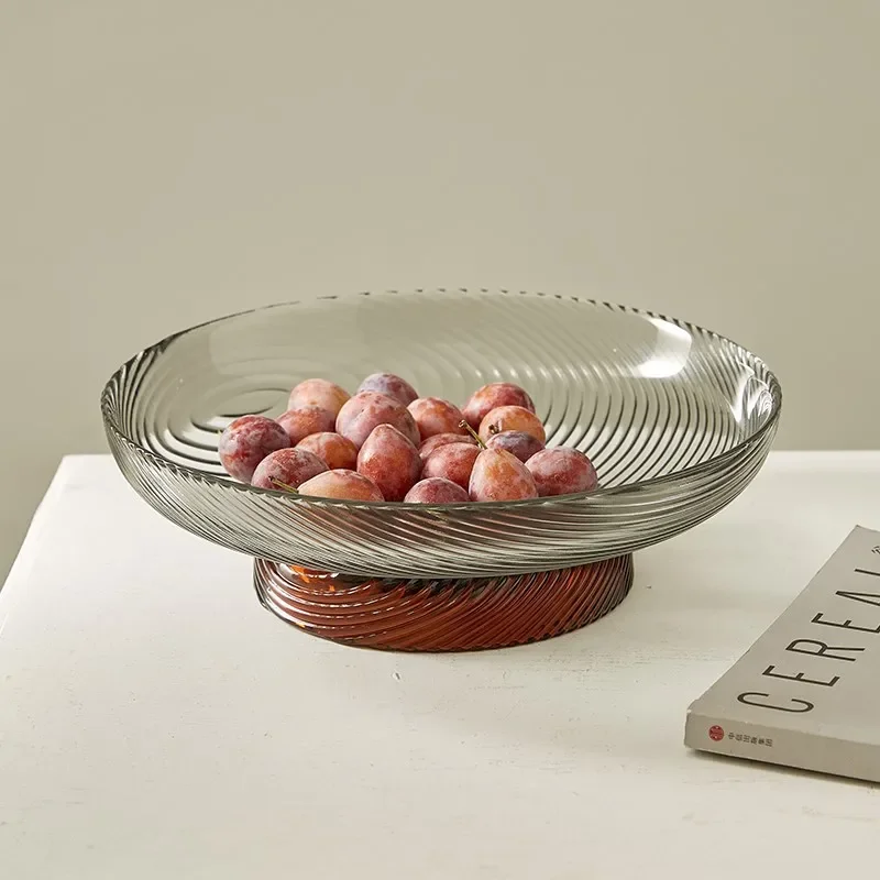 Modern Color Blocking Art Glass Tray, Fruit Tray, High Leg Striped Storage Tray, Glass Container, Living Room Decoration
