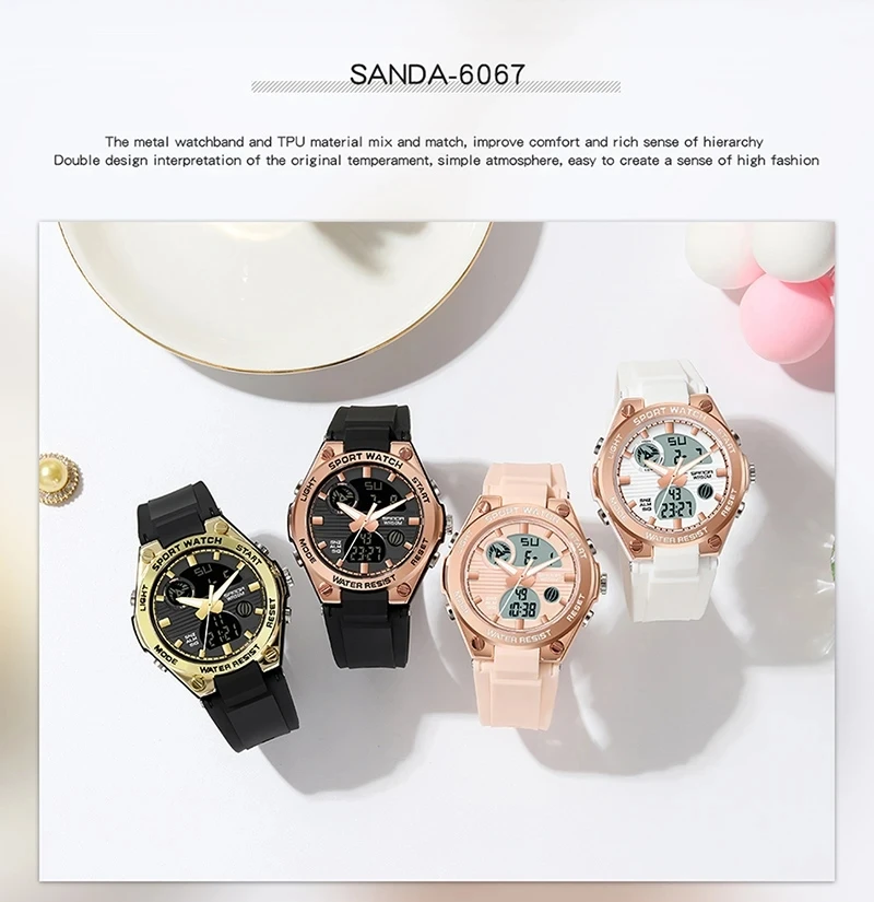 SANDA 6067 Digital Watch Women Sport Chronograph Calendar Lady Quartz Wristwatch 50m Waterproof Female Girl Electronic Clock