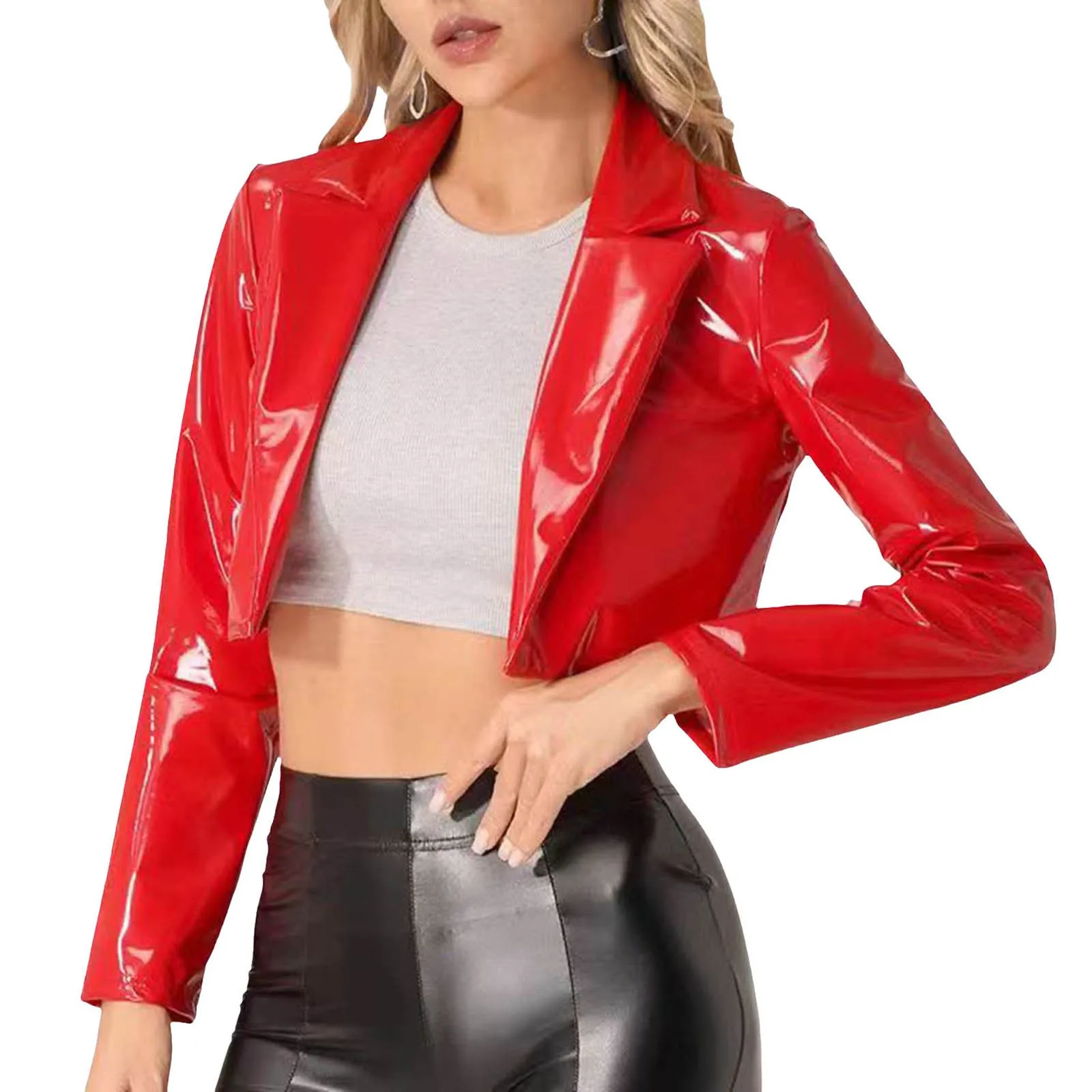 

2024 Women'S New Patent Leather Shiny Jacket Metallic Lapel Long Sleeve Short Motorcycle Coat Fashion Trend Casual Coat