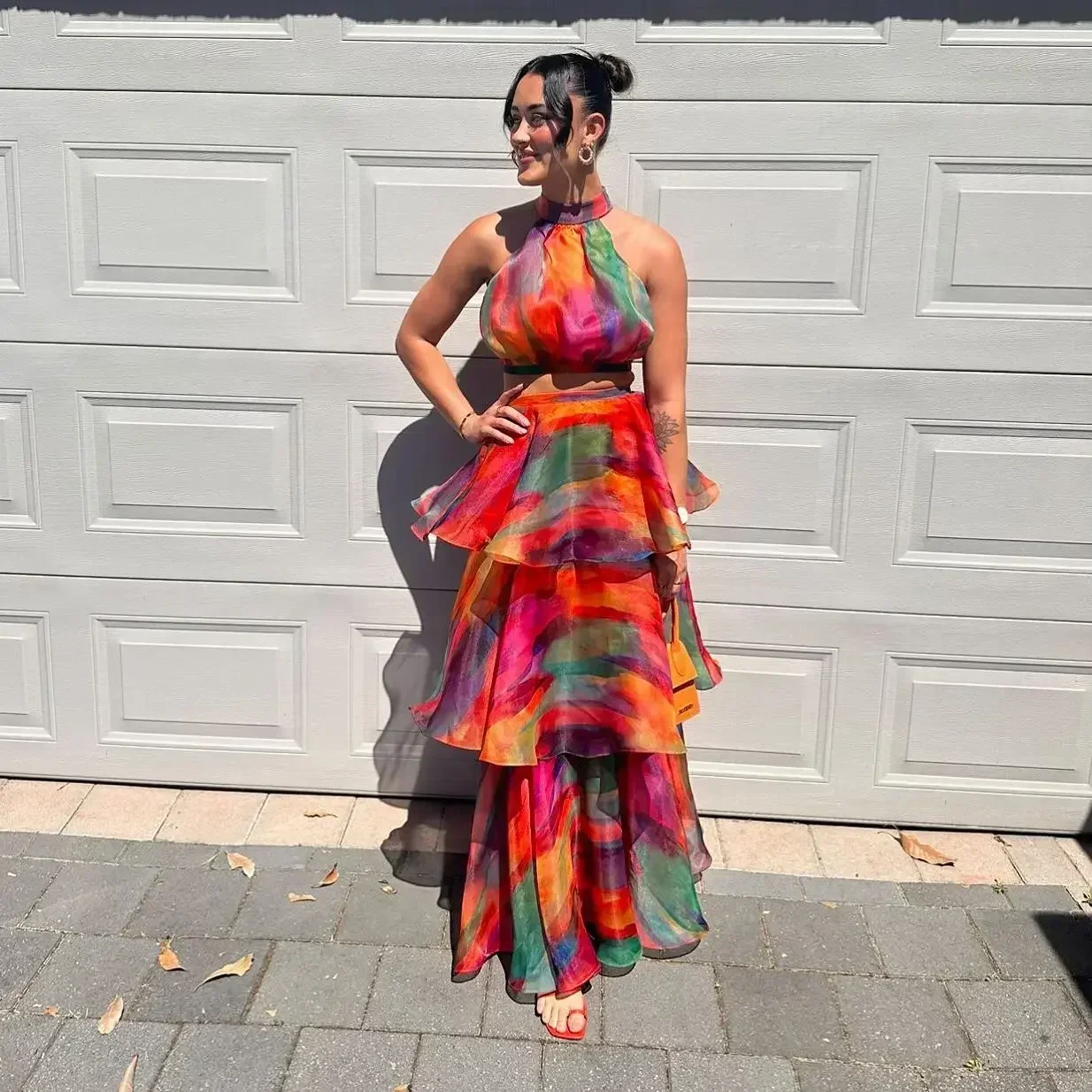 Impresso halter topo babados meia saia conjunto moda colheita pulôver e saias longas terno 2024 primavera verão férias vestido bohe