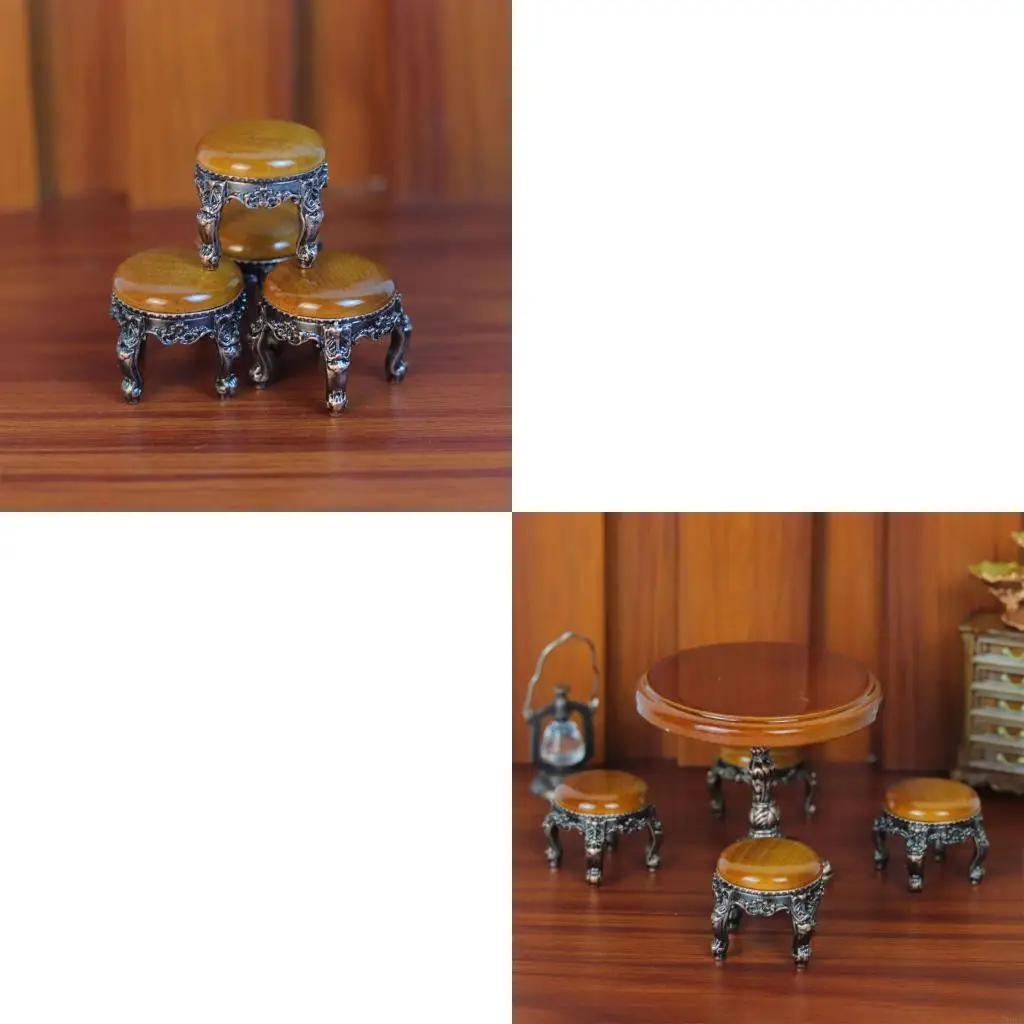 76HF Retro Miniature Dollhouses Living Room Table 4 Seats Alloy Dining Set