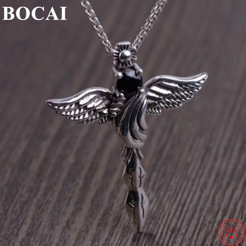 

BOCAI 100% S925 Sterling Silver Pendant New Fashion Cross Eagle Wings Obsidian Pure Argentum Amulet Jewelry for Men Women