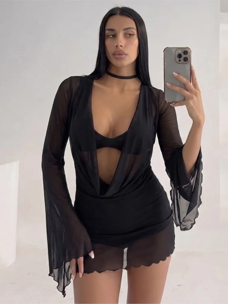 

One Piece Summer Cover Ups Women Swimsuit Long Sleeve Robes Bathing Suit 2026 New Beach Holiday Leopard Mesh Dresses Cover-Up