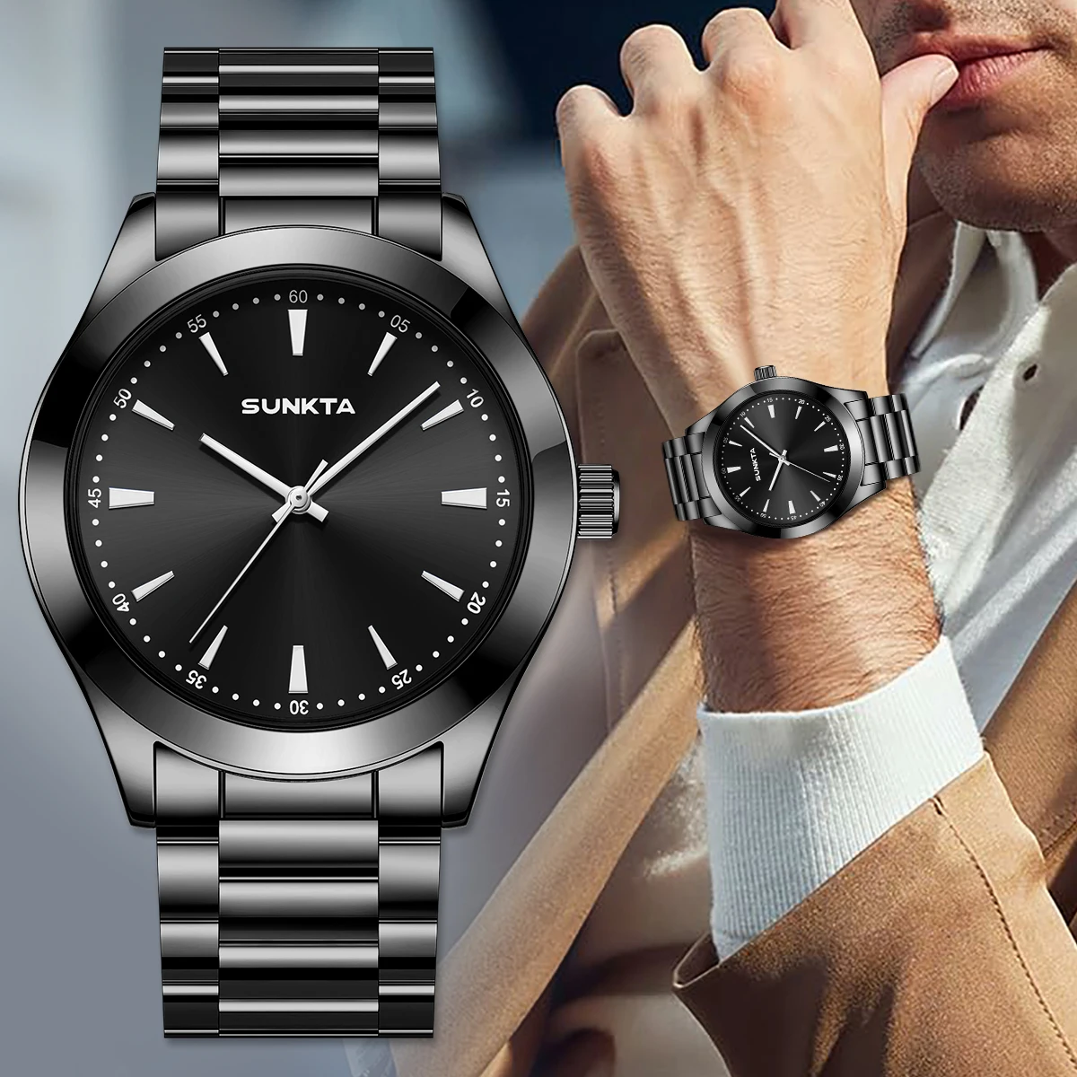 SUNKTA Herrenuhren, wasserdicht, Edelstahlarmband für Herren, analoge Quarzuhr, modische Business-Designer-Armbanduhr