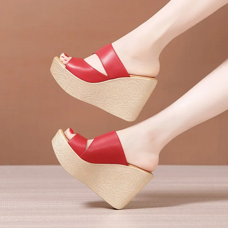 11cm Extreme High Heels Slippers Women Chunky Wedges Shoes for Wedding Office Model 2024 Summer Platform Slides Small Size 32-43