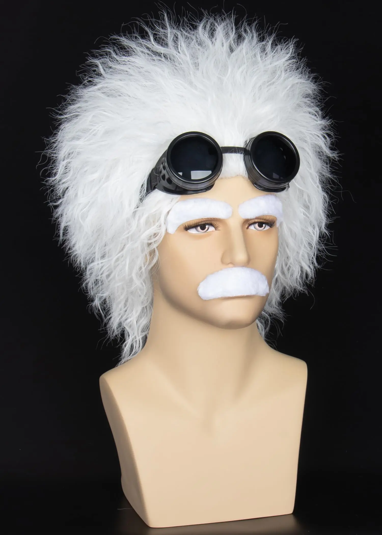 Miss U Hair Mad Scientist Wig with Moustache Eyebrows Glasses Set - Short Curly White Hair for Halloween Costumes and Cosplay