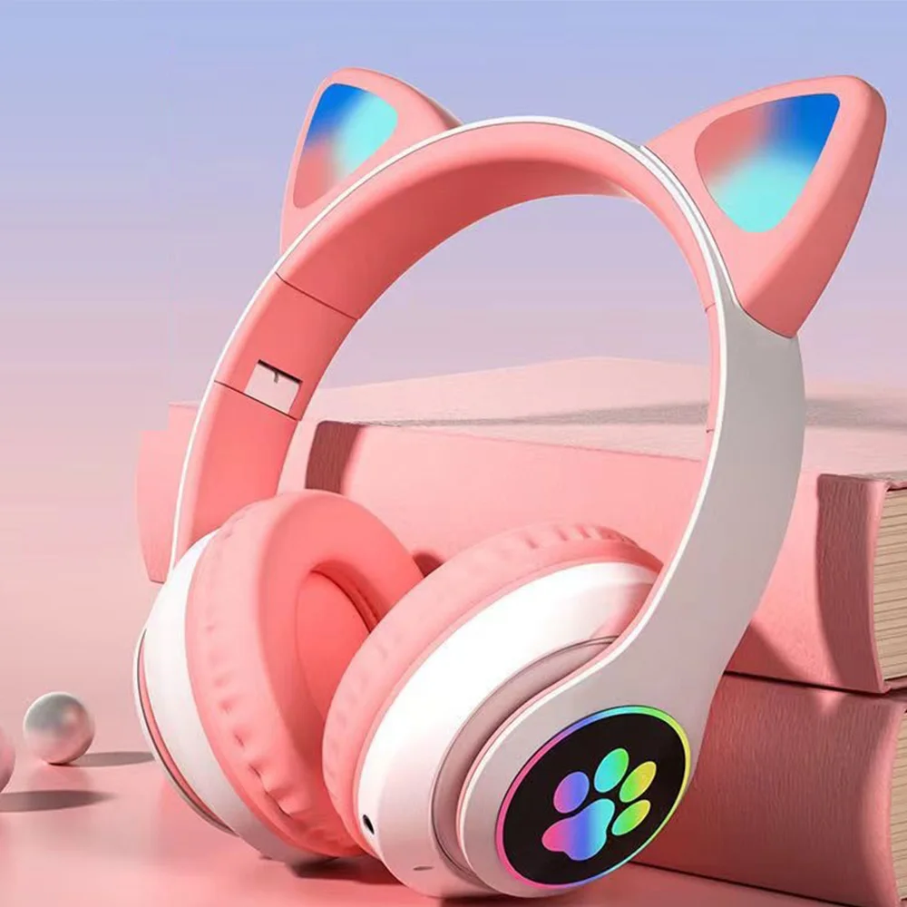 Cute Cat Ears Wireless Headphones RGB Gaming Headset With Microphone Noise Cancelling LED Earphones Stereo Music Christmas Gift