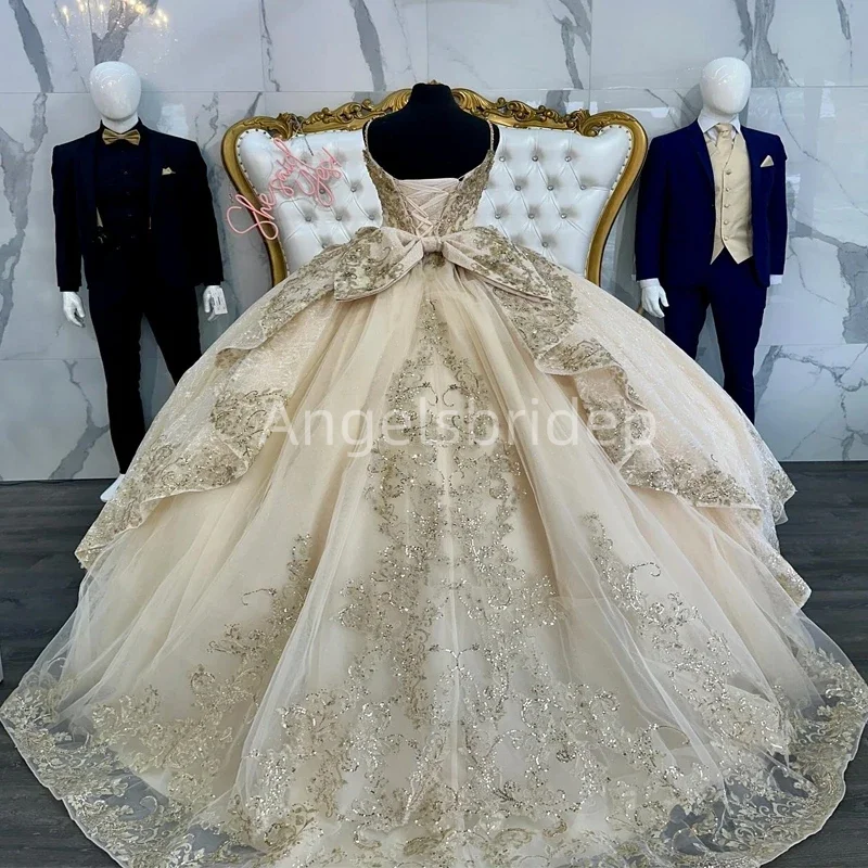 Engels bridep neues Champagner Ballkleid Quince anera Kleid mit Spaghetti trägern Party kleider Vestidos 15 Años Quinceañera