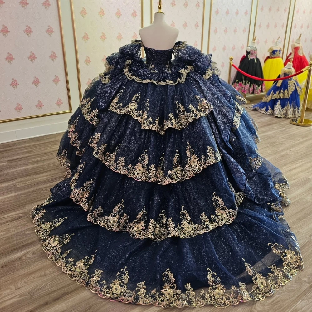 Royal Navy Blue Quinceanera Dress With Gold Embellishments Richly Elegant Shiny Ruffled Ball Gown For 15 16 Birthday Party
