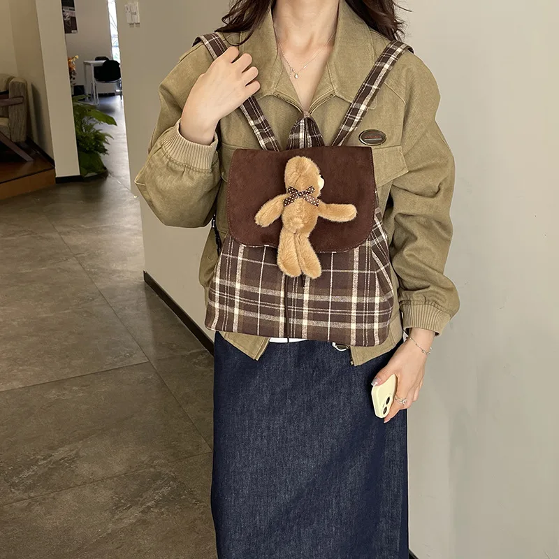 Shoulder Bag for Women Autumn Retro Korean High Beauty Plaid Cloth Flip Cover with Teddy Bear Doll Student Shoulder Bag