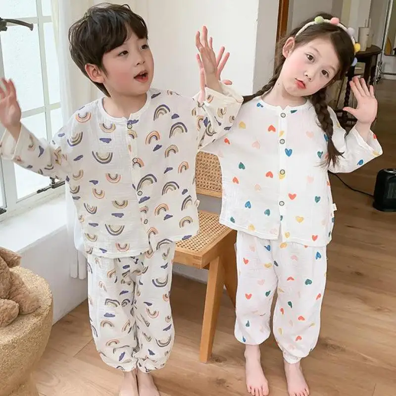 

Cartoon Long Sleeve Cardiagn Full Print Tops+Trousers Child New Pajamas Suits For 3-10Years New Style Brand Spring Home Clothes