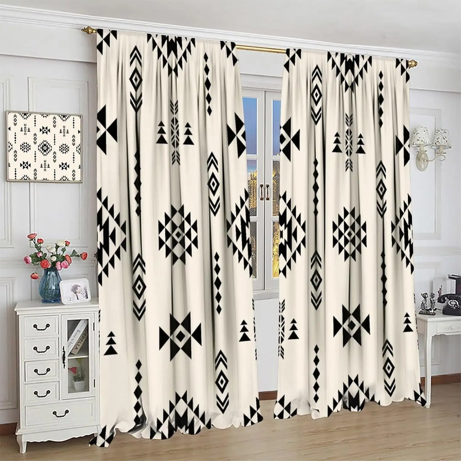 Tribal Geometric Pattern Curtains,Traditional Southwestern Style Aztec Window Treatments for Bedroom Living Room,Minimalist