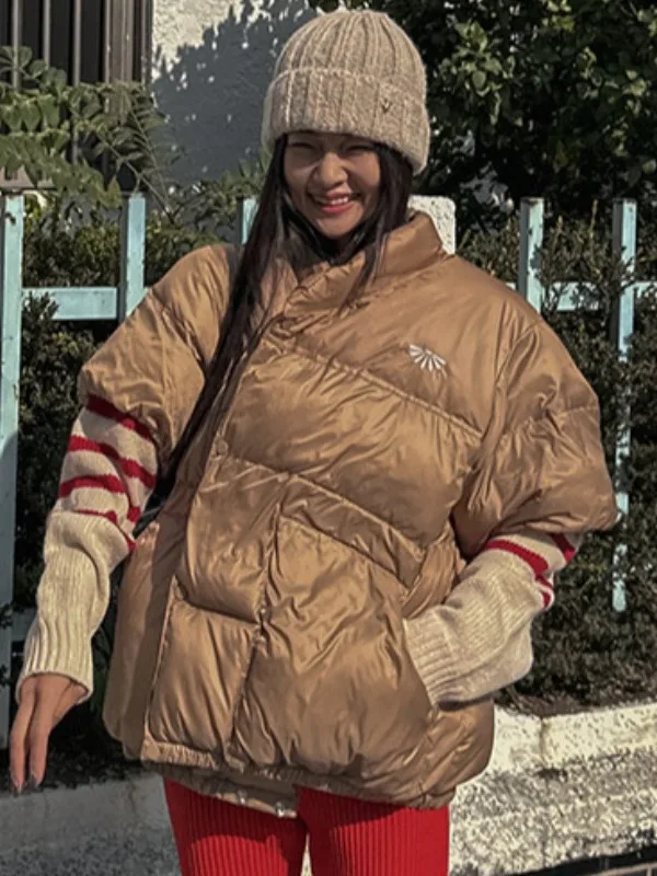 Luxurious Short Sleeve Double-Sided Wear Loose Embroidered Jacket Street Sle High Collar Double-Breasted Winter Outerwear