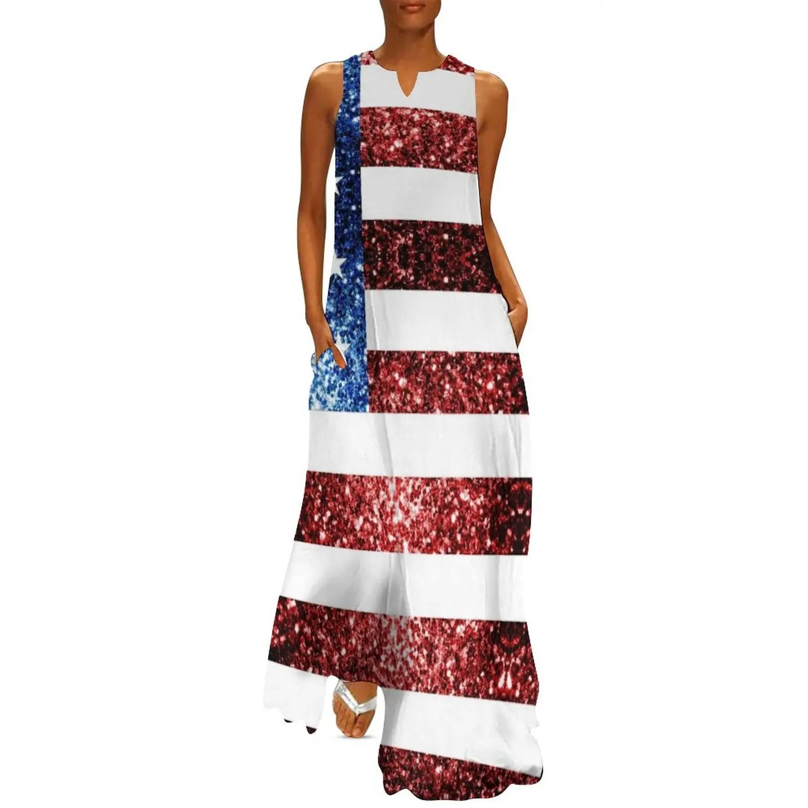 

USA flag red blue faux sparkles glitters 4th of July patriotic girly design (Photo of Glitter - Not Reflective) Long Dress